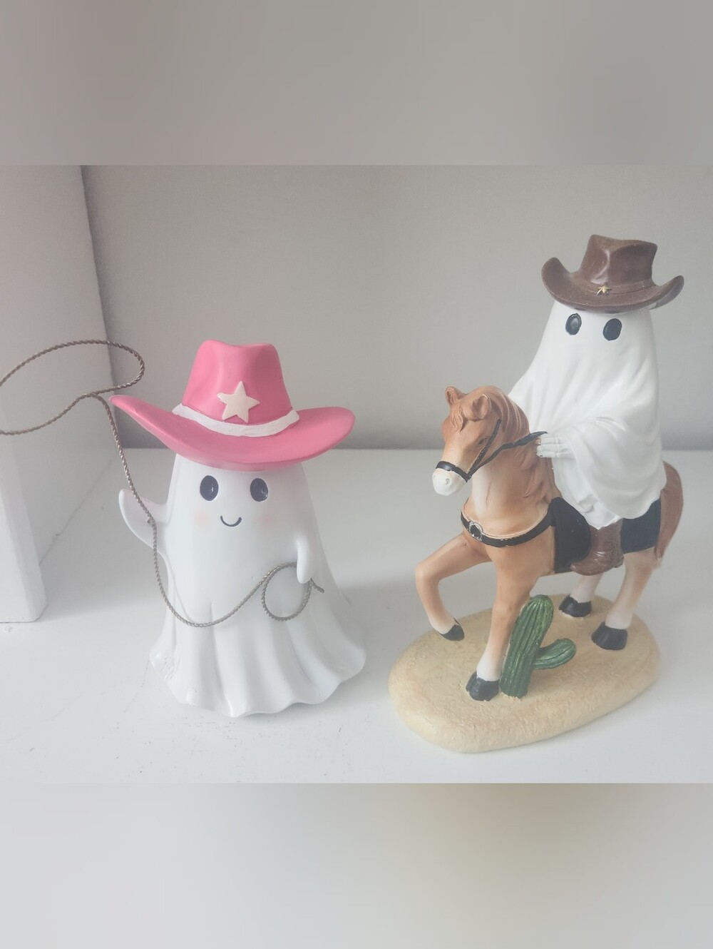 Cowboy Ghost Girl W/ Pink Hat & Lasso & Boy Ridding Horse W/ Brown Hat Resin Set